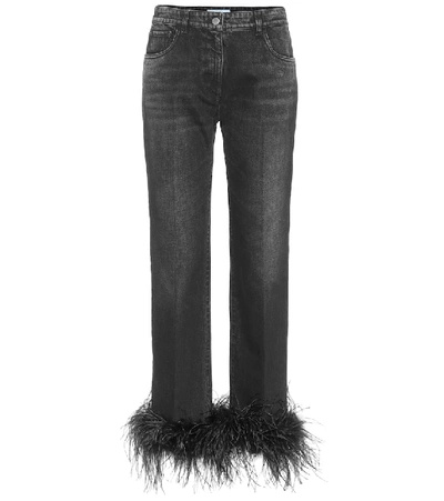 Shop Prada High-rise Feather-trimmed Jeans In Black