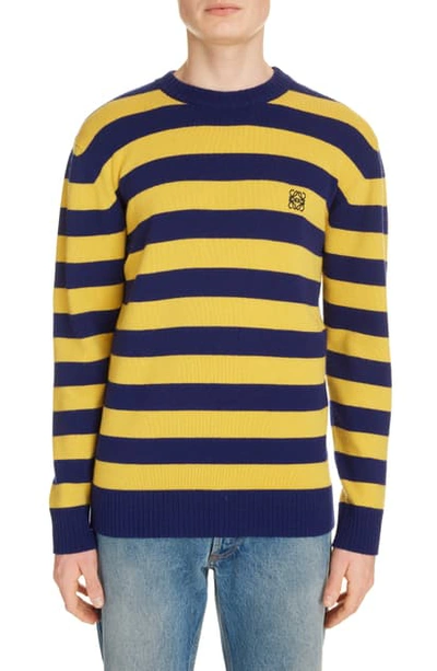 Shop Loewe Anagram Crewneck Stripe Wool & Cashmere Sweater In Navy/ Yellow