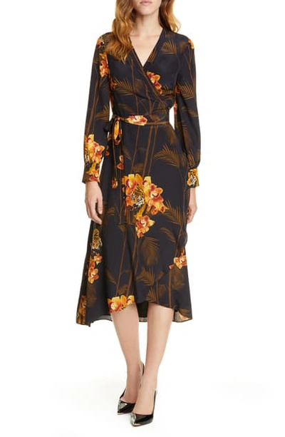 Shop Ted Baker Stela Caramel Floral Print Long Sleeve Silk Wrap Dress In Black