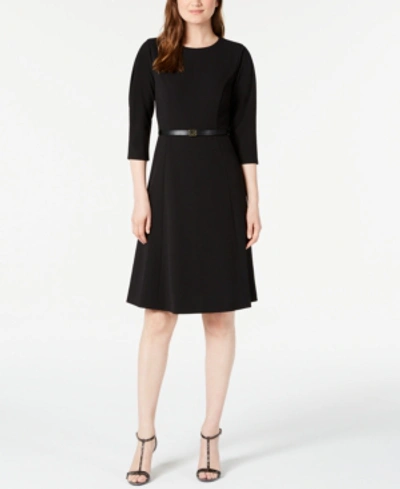 Shop Calvin Klein Belted Pleated-sleeve Dress In Black
