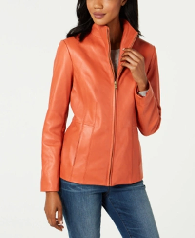 Shop Cole Haan Wing Collar Leather Jacket In Cinnabar