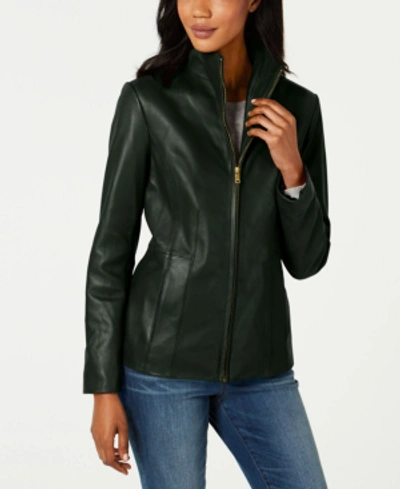 Shop Cole Haan Wing Collar Leather Jacket In Emerald