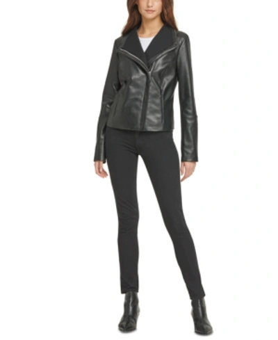 Shop Dkny Knit-collar Leather Moto Jacket In Black