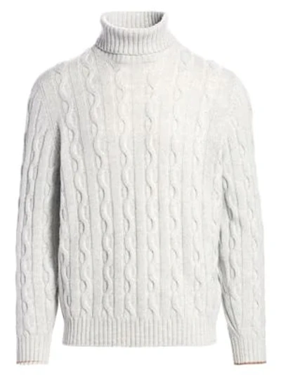 Shop Brunello Cucinelli Men's Cable-knit Cashmere Turtleneck Sweater In Light Grey
