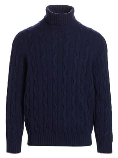 Shop Brunello Cucinelli Men's Cable-knit Cashmere Turtleneck Sweater In Navy