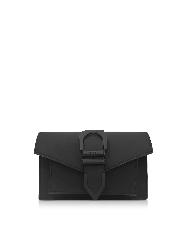 Versus Versace Iconic Black Gommato Leather Buckle Shoulder Bag