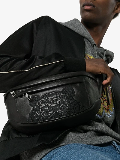 Shop Kenzo Black Tiger Logo Embroidered Leather Messenger Bag
