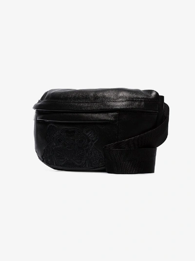 Shop Kenzo Black Tiger Logo Embroidered Leather Messenger Bag