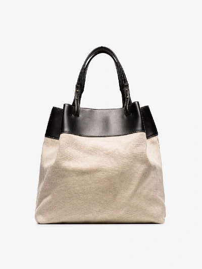 Shop Bottega Veneta Beige Canvas Leather Tote Bag In Neutrals