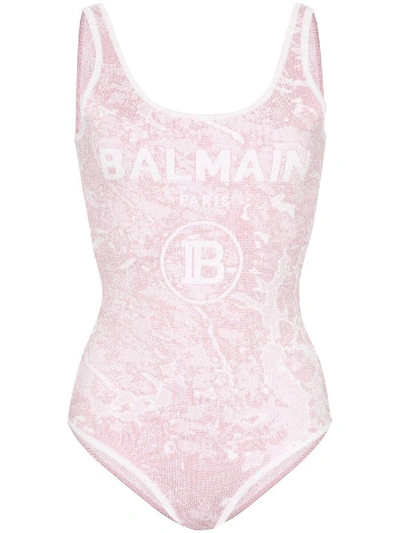 Shop Balmain Logo-print Knitted Bodysuit In Pink