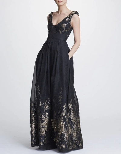 Shop Marchesa Notte Metallic Coupe Gown In Black
