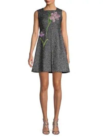 Shop Dolce & Gabbana Houndstooth & Floral Mini Dress In Grey