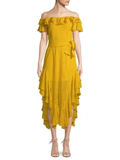 Shop Marissa Webb Sofia Off-the-shoulder Embroidered Silk Dress In Saffron Yellow