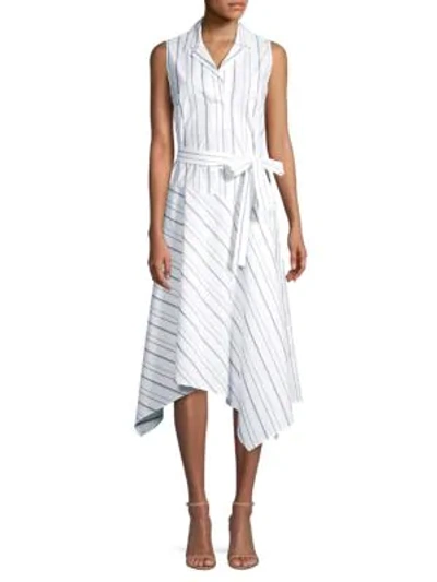 Shop Lafayette 148 Dandy Striped Sleeveless Shirt Dress In White