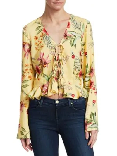 Shop Scripted Floral Tie-front Crop Peplum Blouse In Lime