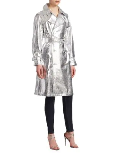 Shop Ralph Lauren Jayne Metallic Leather Trench Coat In Grey