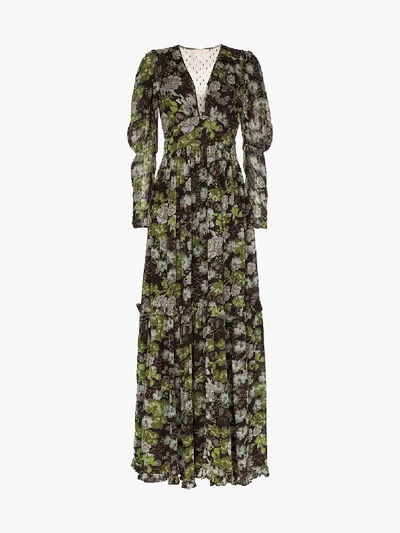 Shop Bytimo Floral Print Long Sleeves Tiered Maxi Dress In Multicolour