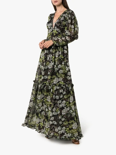 Shop Bytimo Floral Print Long Sleeves Tiered Maxi Dress In Multicolour