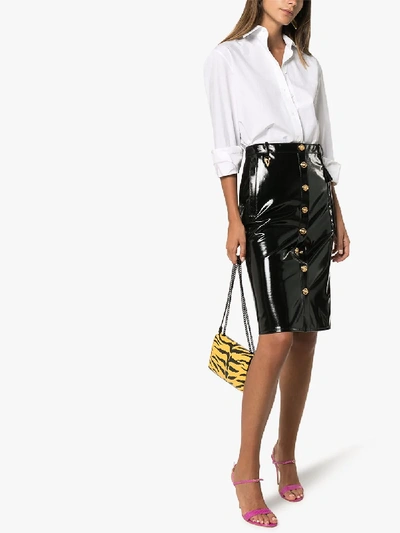 Shop Versace High-rise Vinyl Pencil Skirt In Black