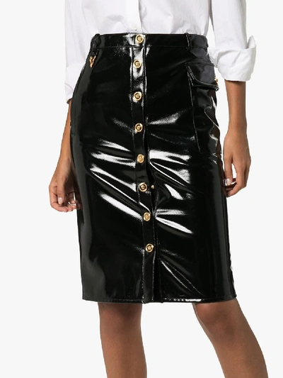 Shop Versace High-rise Vinyl Pencil Skirt In Black