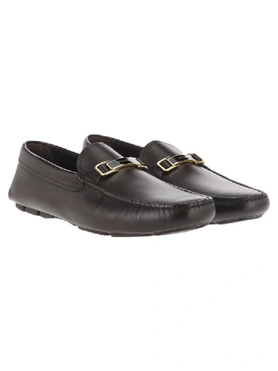 Shop Prada Leather Driver Loafers In Dark Brown