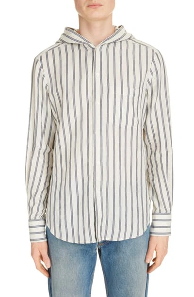 Shop Loewe Stripe Button-up Hooded Shirt In White/ Blue