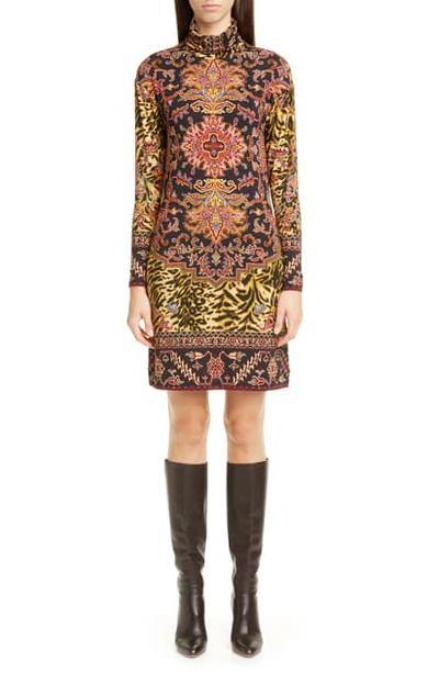 Shop Etro Animal Print Long Sleeve Jersey Turtleneck Dress In Multi