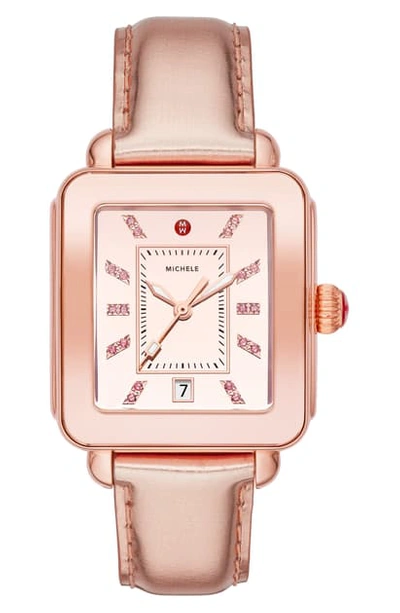 Shop Michele Deco Diamond Sport Watch Head & Leather Strap Watch, 34mm X 36mm In Pink Gold