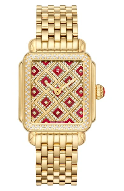 Shop Michele Deco Chateau Mosaic Diamond Watch Head, 33mm X 35mm In Cabernet Mop/ Gold