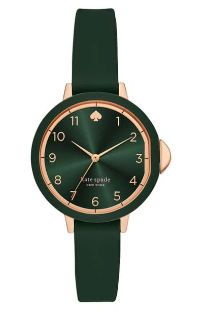 Shop Kate Spade Park Row Silicone Strap Watch, 34mm In Green/ Rose Gold