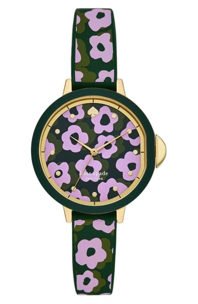 Shop Kate Spade Park Row Floral Silicone Strap Watch, 34mm In Purple/ Green/ Gold