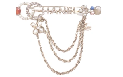 Pre-owned Chanel  Chain Bar Brooch Crystal Pearl Silver Multicolor