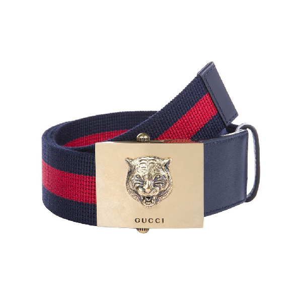 Gucci Web Belt Stripe Lion Buckle Blue 