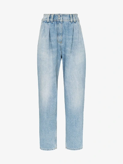 Shop Balmain Pleated High-waisted Tapered Jeans In Blue