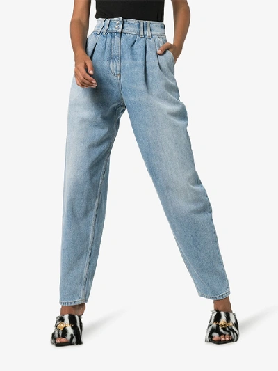 Shop Balmain Pleated High-waisted Tapered Jeans In Blue