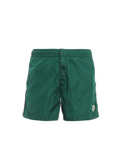 Shop Moncler Green Swim Shorts With Tricolour Grosgrain