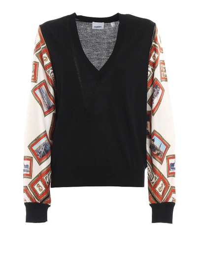 Shop Burberry Printed Silk Sleeve Ripa Black Sweater