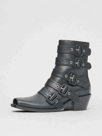 Shop Burberry Buckled Leather Peep-toe Ankle Boots In Black