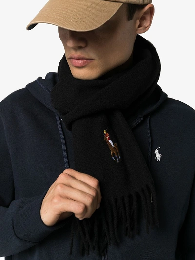 Shop Polo Ralph Lauren Black Logo Embroidered Wool Scarf