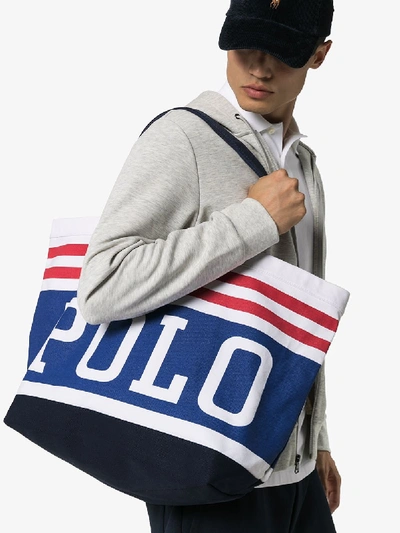 Shop Polo Ralph Lauren Blue Stripe Logo Tote Bag