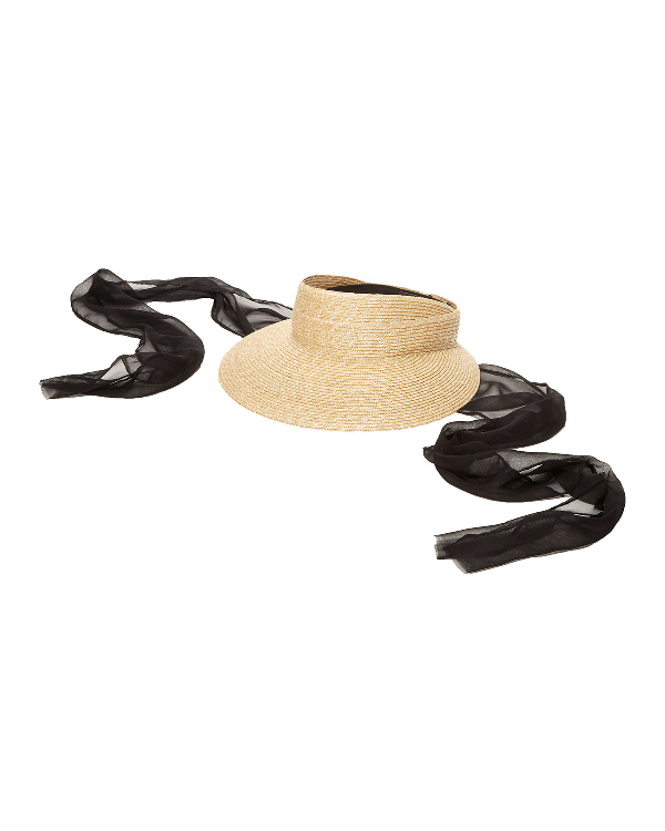 Janessa Leone Arielle Straw Visor with Silk Ties