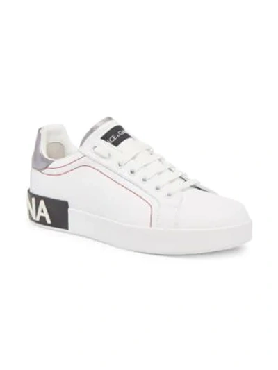 Shop Dolce & Gabbana Women's Portofino Logo Leather Sneakers In Bianco Argento