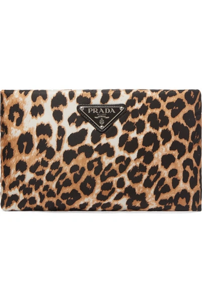 Shop Prada Leather-trimmed Leopard-print Nylon Pouch In Brown