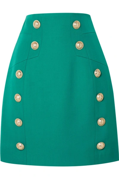 Shop Balmain Button-embellished Grain De Poudre Wool Mini Skirt In Green