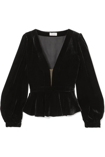 Shop Raquel Diniz Sophia Silk-velvet Peplum Blouse In Black
