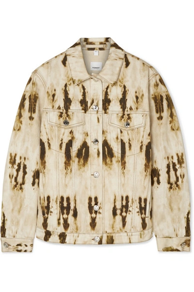 Shop Burberry Leather-trimmed Bleached Denim Jacket In Beige