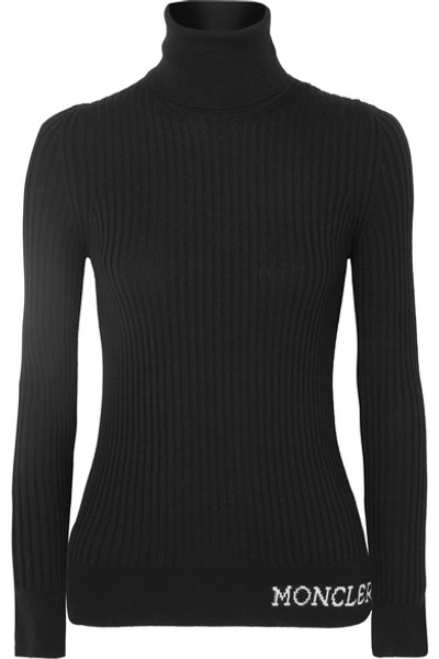 Shop Moncler Ribbed Wool Turtleneck Top In Black