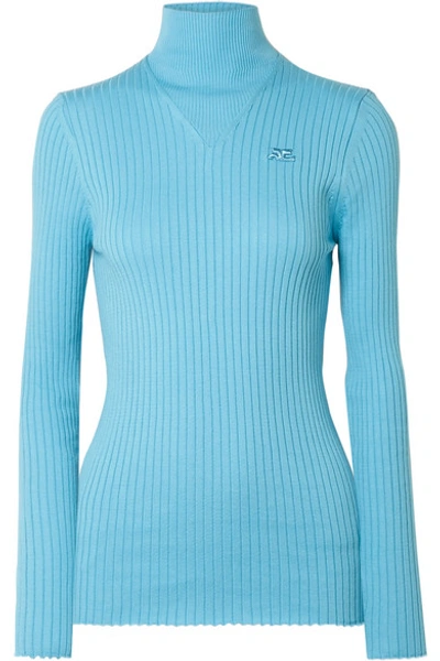 Shop Courrèges Ribbed Cotton Turtleneck Sweater In Light Blue