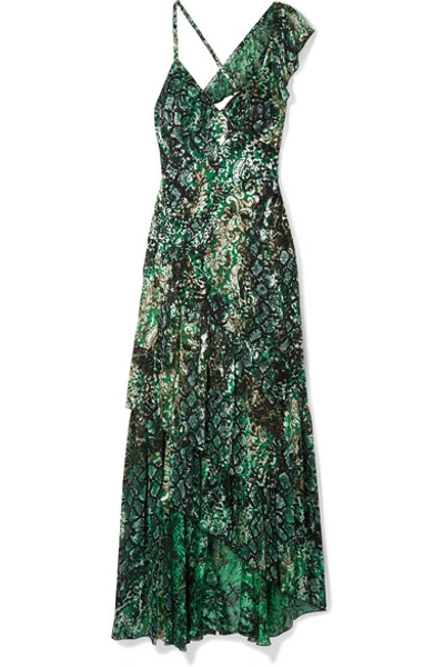 Shop Alice And Olivia Shanel Ruffled Printed Fil Coupé Chiffon Maxi Dress In Green