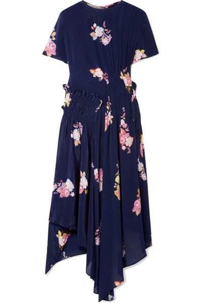 Shop Preen Line Verna Asymmetric Ruched Floral-print Crepe De Chine Dress In Navy